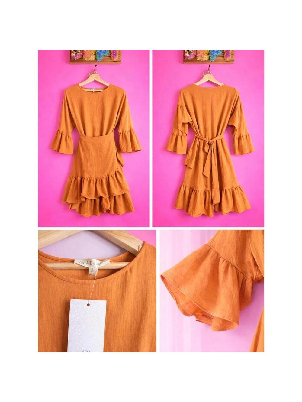Hot & Delicious Mustard Orange Asymmetrical Ruffle Dress